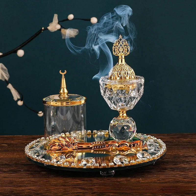 Art Craft Decoration Ideas - مجموعة مبخرة البخور الكريستالية الذهبية المستديرة