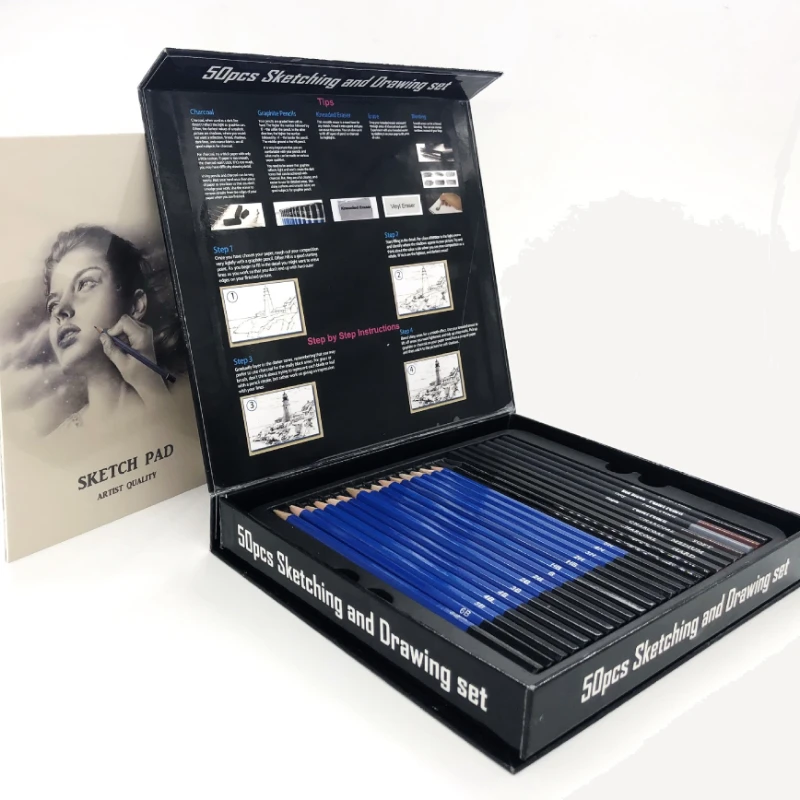 50 قطعة مجموعة أقلام رصاص رسم  - مراجعة Sketching Charcoal Set وسعره